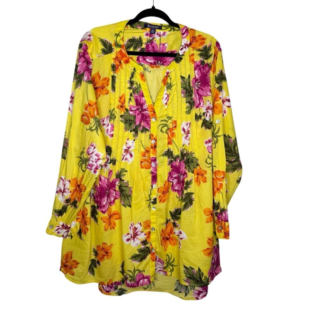 ROAMAN’S / yellow pink orange floral pleated button up blouse top / 20W